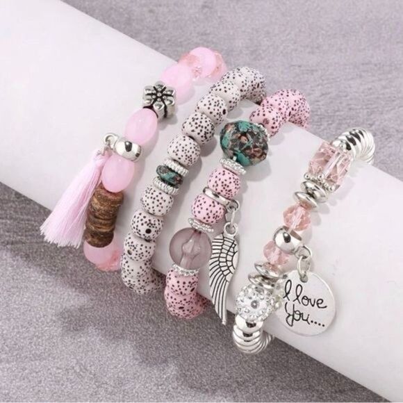 LAYERED beaded charmed bracelets pink - Picture 1 of 4